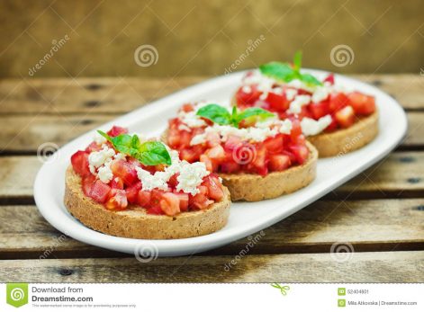 bruschetta italian toasted garlic bread tomato cheese shallow dof 52404601