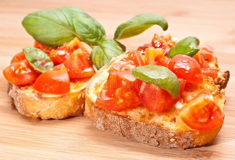bruschette italian appetizer fresh homemade crispy called bruschetta topped tomato garlic basil wooden board 31187345