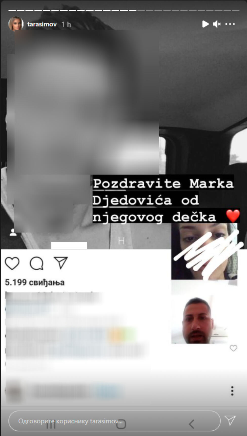 Naime, Simova se oglasila na svom Instagram profilu i objavila je fotografiju dečka koji nije poznat javnosti, a kako ona navodi to je navodno dečko Marka Đedovića. Ona je takođe objavila i privatnu prepisku između nje i Đedovića, kao i fotografije koje joj je navodno slao Marko.    "Pozdrav za Marka Đedovića od njegovog dečka", napisala je Tara.